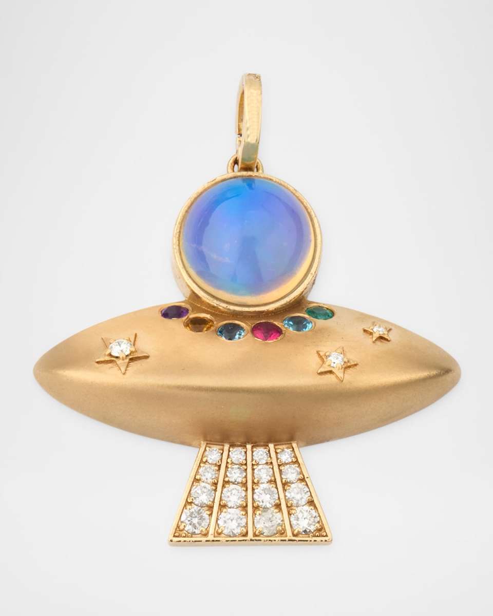 14K Yellow Gold Diamond, Opal and Multicolored Gemstone UFO Charm